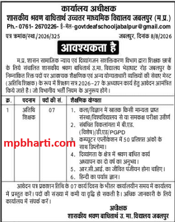 Govt Deaf School Jabalpur Vacancy 2026
