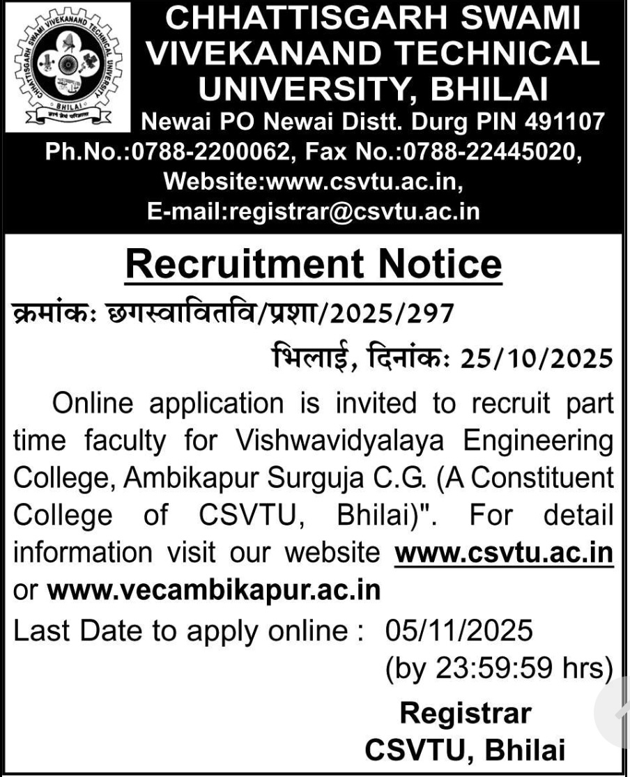 CSVTU Bhilai Recruitment 2025