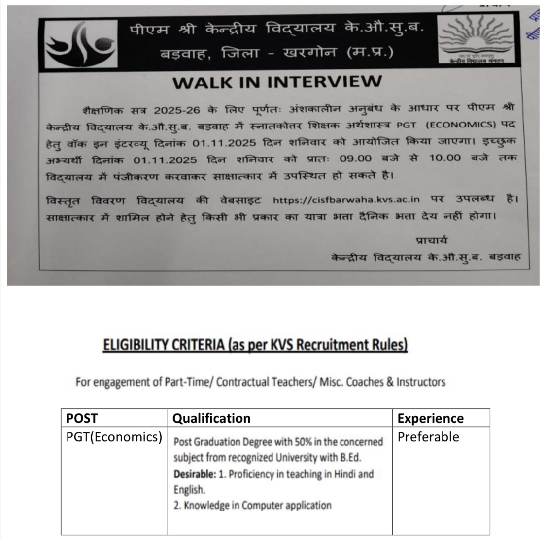 PM Shri KVS Barwaha Bharti 2025