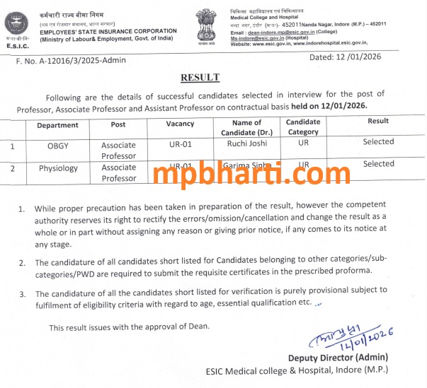 ESIC Indore Recruitment Result