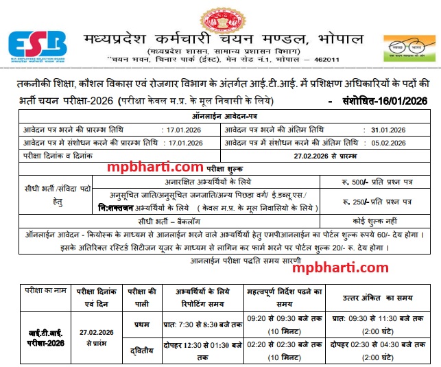 MP DTE ITI Training officer Bharti 2026