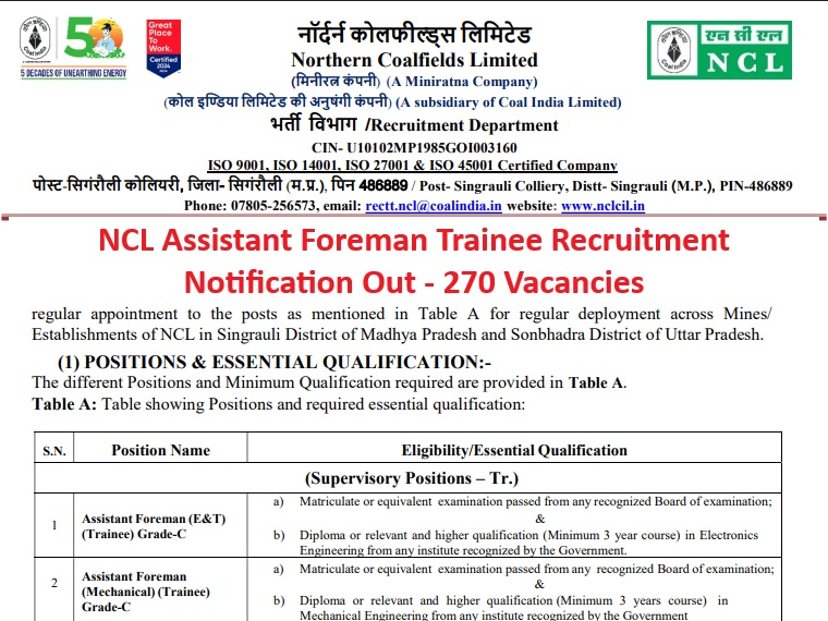 NCL Assistant Foreman Trainee Recruitment In Hindi