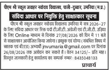 PM Shri JNV Umaria Recruitment 2026