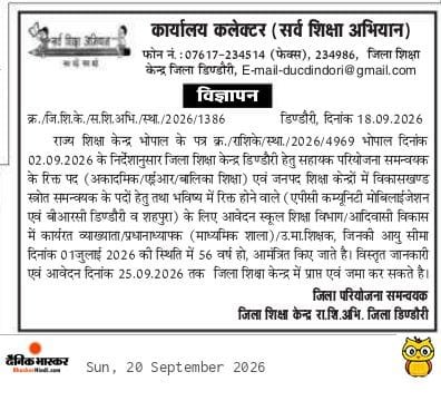 Jila Shiksha Kendra Dindori Bharti 2026