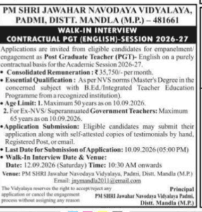 JNV Mandla PGT English Recruitment 2026